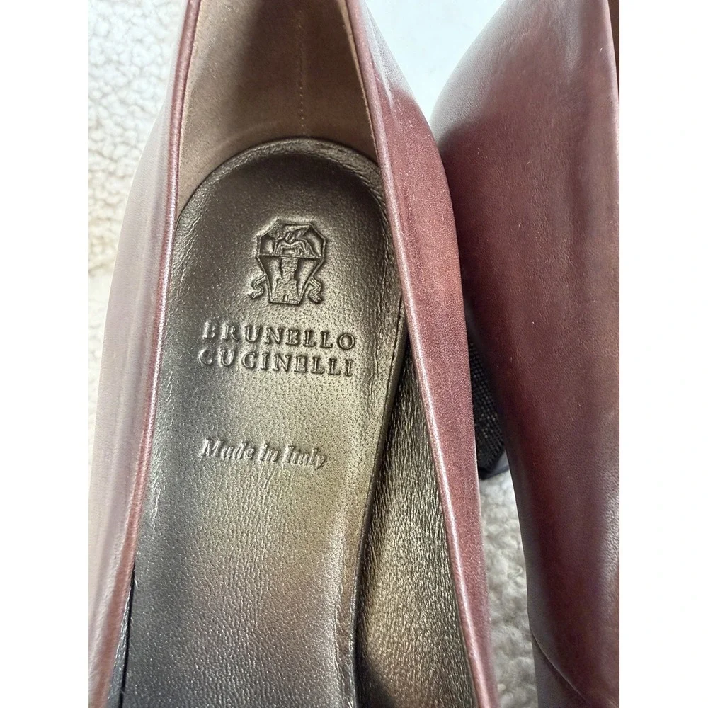 NWT‎ Brunello Cucinelli - Brown Leather And Caviar Beads Block Heel Size 37